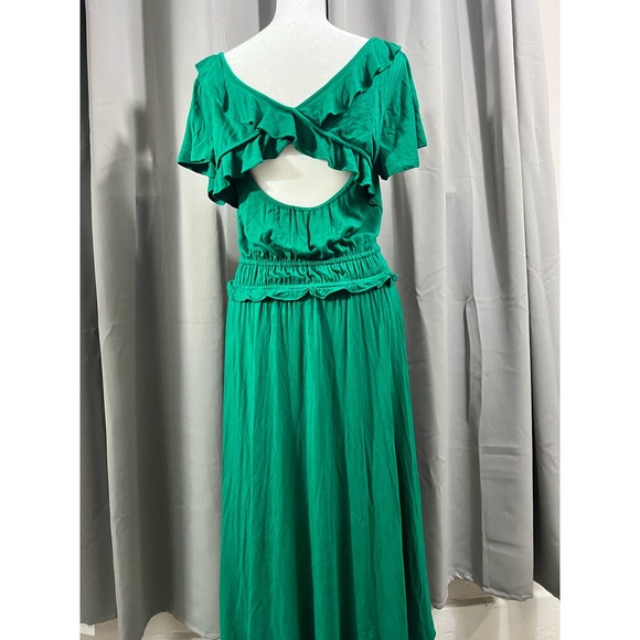 Anthropologie Maeve Green Soft Ruffled Open Back Short Sleeve V Neck Dress Med - Picture 2 of 6